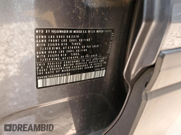 2022 Volkswagen Tiguan SE with VIN 3VV2B7AX4NM056780, listed as a Copart auction lot 55173915 with 79,165 mi miles and Salvage title. Bid and sale history available at DreamBid. Image 13.