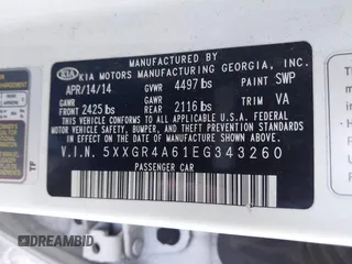 2014 Kia Optima SXL Turbo with VIN 5XXGR4A61EG343260, listed as a IAAI auction lot 41418449 with 133,555 mi miles and . Bid and sale history available at DreamBid. Image 9.
