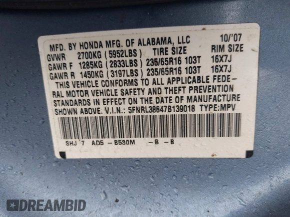 2007 Honda Odyssey EX-L z VIN 5FNRL38647B139018, wystawiony jako IAAI lot #41712602 z przebiegiem 243 473 mil mil oraz . Historia ofert i sprzedaży dostępna na DreamBid. Obrazek 9.