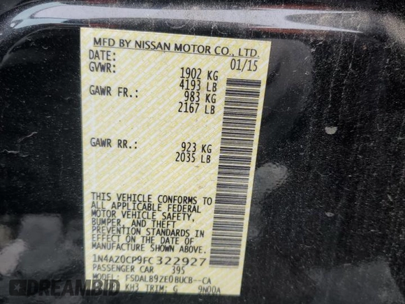 2015 Nissan LEAF SL with VIN 1N4AZ0CP9FC322927, listed as a Copart auction lot 88519705 with 58,552 mi miles and Salvage Title. Bid and sale history available at DreamBid. Image 12.