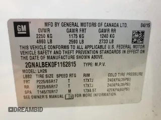 2015 Chevrolet Equinox LT with VIN 2GNALBEK0F1162815, listed as a Copart auction lot 52547925 with 70,224 mi miles and Salvage Title. Bid and sale history available at carsss.com. Image 16.