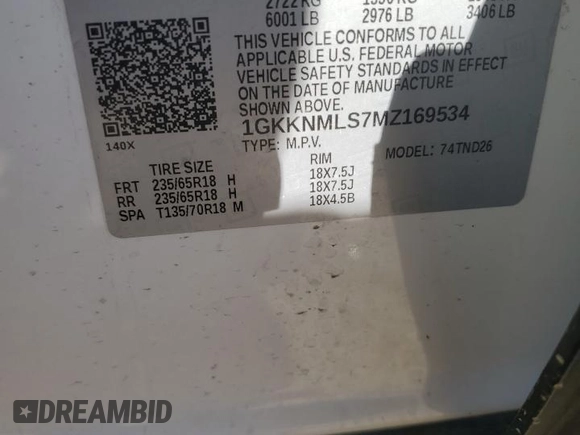 2021 GMC Acadia SLT z VIN 1GKKNMLS7MZ169534, wystawiony jako Copart lot #50166895 z przebiegiem 84 013 mil mil oraz Szkoda całkowita • Salvage title. Historia ofert i sprzedaży dostępna na DreamBid. Obrazek 15.