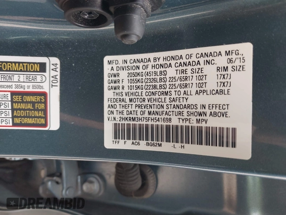 2015 Honda CR-V EX-L with VIN 2HKRM3H75FH541698, listed as a IAAI auction lot 40881491 with 168,341 mi miles. Bid and sale history available at carsss.com. Image 9.