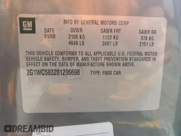 2008 Chevrolet Impala LT with VIN 2G1WC583281206698, listed as a Copart auction lot 51742335 with 157,640 mi miles and Salvage Title. Bid and sale history available at DreamBid. Image 14.
