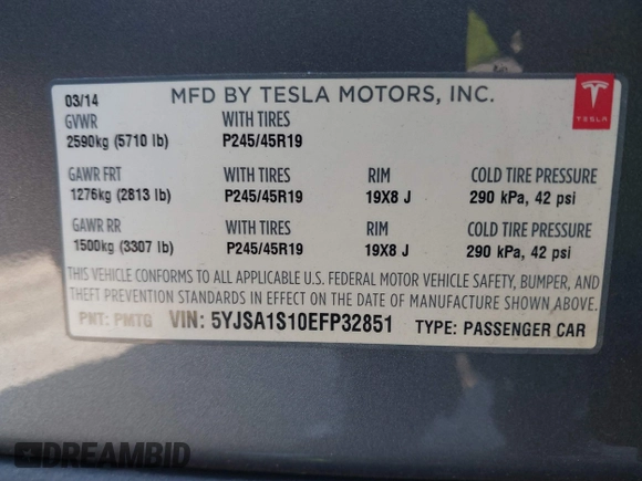 2014 Tesla Model S 60 with VIN 5YJSA1S10EFP32851, listed as a IAAI auction lot 41730746 with 91,657 mi miles and . Bid and sale history available at DreamBid. Image 9.