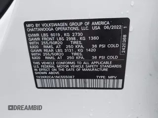 2022 Volkswagen Atlas SE z VIN 1V2KR2CA1NC555087, wystawiony jako IAAI lot #40921013 z przebiegiem 62 834 mil mil oraz . Historia ofert i sprzedaży dostępna na DreamBid. Obrazek 9.