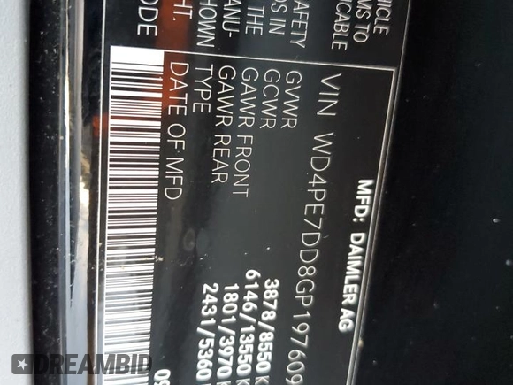 2016 Mercedes-Benz Sprinter with VIN WD4PE7DD8GP197609, listed as a Copart auction lot 77831204 with 102,702 mi miles and Clean Title. Bid and sale history available at DreamBid. Image 13.