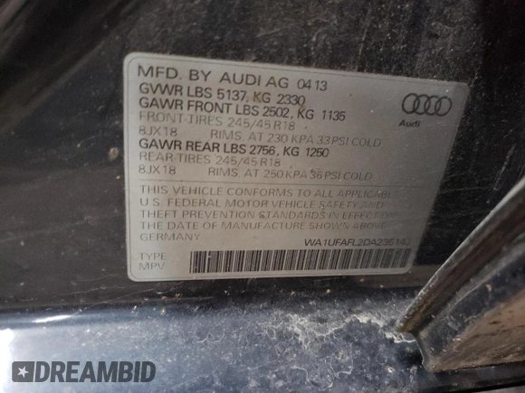 2013 Audi allroad Premium Plus with VIN WA1UFAFL2DA235145, listed as a Copart auction lot 77383094 with 179,657 mi miles and Clean Title. Bid and sale history available at carsss.com. Image 14.