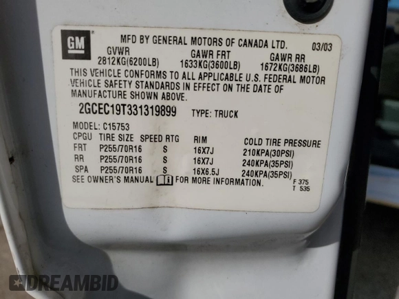 2003 Chevrolet Silverado 1500 with VIN 2GCEC19T331319899, listed as a Copart auction lot 88489575 with 325,120 mi miles and Salvage Title. Bid and sale history available at carsss.com. Image 12.