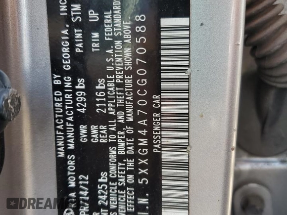 2012 Kia Optima LX z VIN 5XXGM4A70CG070588, wystawiony jako Copart lot #57240995 z przebiegiem 137 601 mil mil oraz Szkoda całkowita • Salvage title. Historia ofert i sprzedaży dostępna na DreamBid. Obrazek 12.