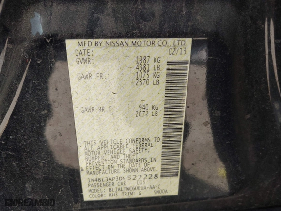 2013 Nissan Altima 3.5 SL with VIN 1N4BL3AP3DN522228, listed as a IAAI auction lot 41791889 with 107,569 mi miles. Bid and sale history available at carsss.com. Image 9.