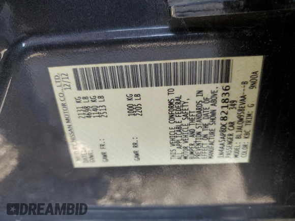 2013 Nissan Maxima S z VIN 1N4AA5AP8DC821836, wystawiony jako Copart lot #55088585 z przebiegiem 128 209 mil mil oraz Szkoda całkowita • Salvage title. Historia ofert i sprzedaży dostępna na DreamBid. Obrazek 12.