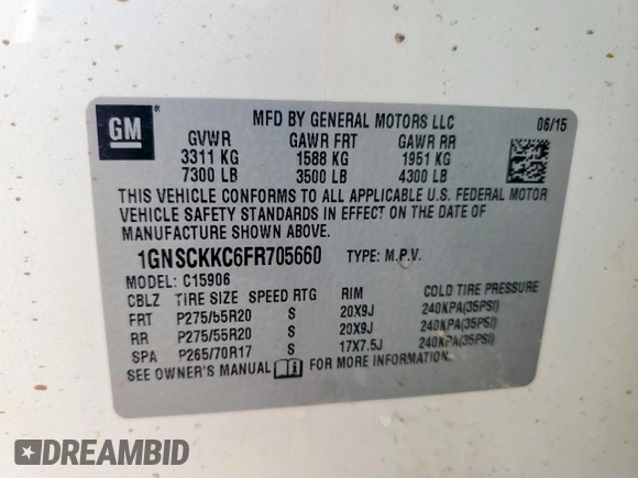 2015 Chevrolet Suburban LTZ with VIN 1GNSCKKC6FR705660, listed as a Copart auction lot 60328685 with 174,247 mi miles and Salvage title. Bid and sale history available at DreamBid. Image 13.