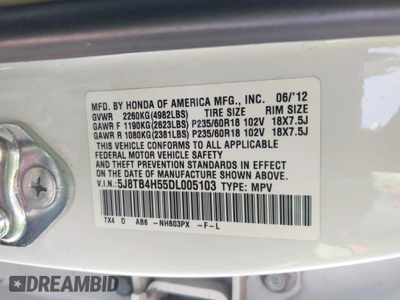 2013 Acura RDX Technology z VIN 5J8TB4H55DL005103, wystawiony jako IAAI lot #41976789 z przebiegiem 161 140 mil mil oraz . Historia ofert i sprzedaży dostępna na DreamBid. Obrazek 9.