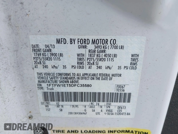 2013 Ford F-150 XL with VIN 1FTFW1ET5DFC35580, listed as a IAAI auction lot 42738713 with 209,492 mi miles and . Bid and sale history available at DreamBid. Image 9.