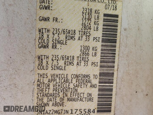 2018 Nissan Murano SV z VIN 5N1AZ2MG7JN175584, wystawiony jako Copart lot #43353675 z przebiegiem Nie podano mil oraz Nie do naprawy • Non repairable. Historia ofert i sprzedaży dostępna na DreamBid. Obrazek 14.