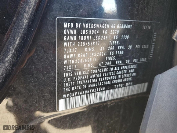 2017 Volkswagen Tiguan Wolfsburg Edition with VIN WVGSV7AX0HK021649, listed as a Copart auction lot 47145005 with 180,934 mi miles and Clean Title. Bid and sale history available at carsss.com. Image 13.