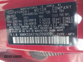 2022 Hyundai Kona Limited with VIN KM8K53A31NU789002, listed as a IAAI auction lot 41299502 with 44,424 mi miles. Bid and sale history available at carsss.com. Image 9.