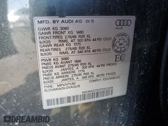 2015 Audi Q7 Vorsprung Edition with VIN WA1WGCFE2FD023916, listed as a Copart auction lot 49116485 with 77,112 mi miles and Salvage title. Bid and sale history available at DreamBid. Image 13.