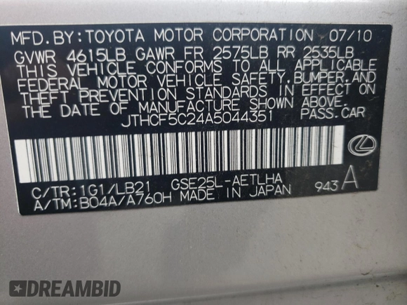 2010 Lexus IS 250 with VIN JTHCF5C24A5044351, listed as a Copart auction lot 59852145 with 171,121 mi miles and Salvage title. Bid and sale history available at DreamBid. Image 13.