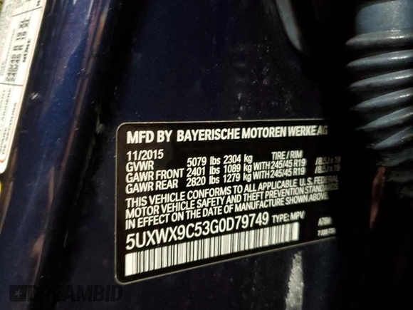 2016 BMW X3 xDrive28i with VIN 5UXWX9C53G0D79749, listed as a Copart auction lot 45796975 with 104,692 mi miles and Salvage Title. Bid and sale history available at carsss.com. Image 14.