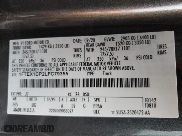 2020 Ford F-150 XL with VIN 1FTEX1CP2LFC79355, listed as a Copart auction lot 86703504 with 70,670 mi miles and Non Repairable. Bid and sale history available at DreamBid. Image 13.