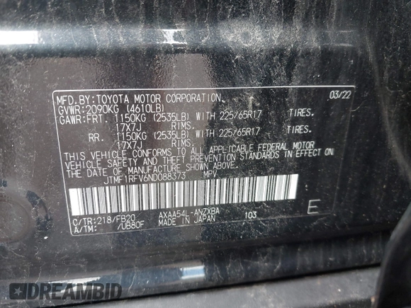 2022 Toyota RAV4 LE with VIN JTMF1RFV6ND088373, listed as a IAAI auction lot 42645055 with 33,048 mi miles and . Bid and sale history available at DreamBid. Image 9.