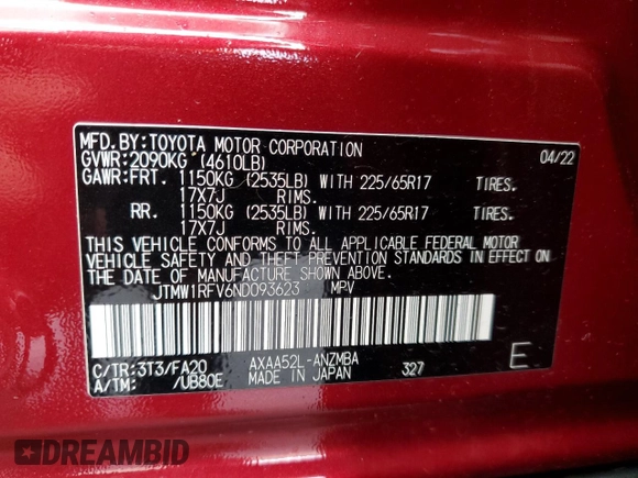 2022 Toyota RAV4 XLE with VIN JTMW1RFV6ND093623, listed as a Copart auction lot 43288075 with 11,301 mi miles and Salvage Title. Bid and sale history available at carsss.com. Image 13.