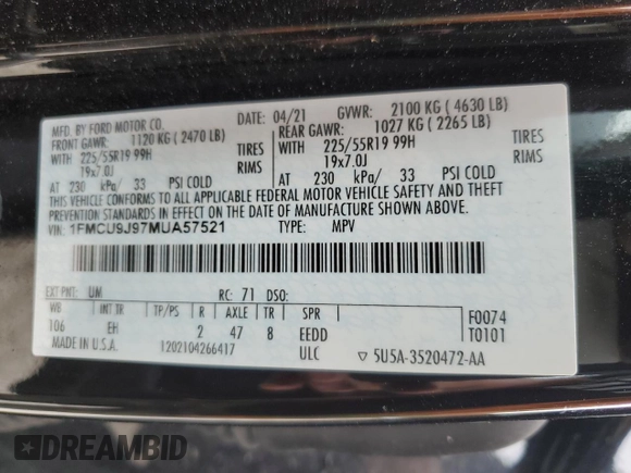 2021 Ford Escape Titanium with VIN 1FMCU9J97MUA57521, listed as a Copart auction lot 58714055 with 83,201 mi miles and Salvage title. Bid and sale history available at DreamBid. Image 14.