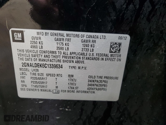 2012 Chevrolet Equinox 1LT z VIN 2GNALDEK6C1339634, wystawiony jako Copart lot #50225985 z przebiegiem 224 427 mil mil oraz Czysty tytuł • Clean title. Historia ofert i sprzedaży dostępna na DreamBid. Obrazek 14.