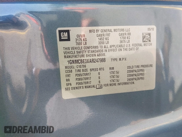 2010 Chevrolet Tahoe LT with VIN 1GNMCBE3XAR247988, listed as a IAAI auction lot 42600299 with 236,722 mi miles and . Bid and sale history available at DreamBid. Image 9.