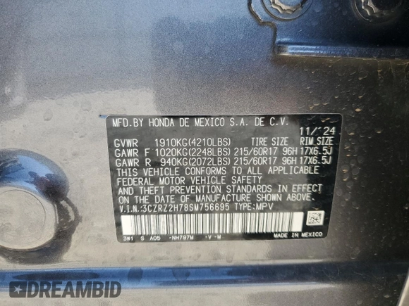 2025 Honda HR-V EX-L z VIN 3CZRZ2H78SM756695, wystawiony jako Copart lot #48489905 z przebiegiem 1 501 mil mil oraz Szkoda całkowita • Salvage title. Historia ofert i sprzedaży dostępna na DreamBid. Obrazek 15.