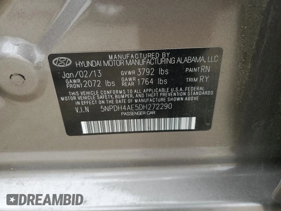 2013 Hyundai Elantra GLS z VIN 5NPDH4AE5DH272290, wystawiony jako Copart lot #53835355 z przebiegiem 137 289 mil mil oraz Szkoda całkowita • Salvage title. Historia ofert i sprzedaży dostępna na DreamBid. Obrazek 12.