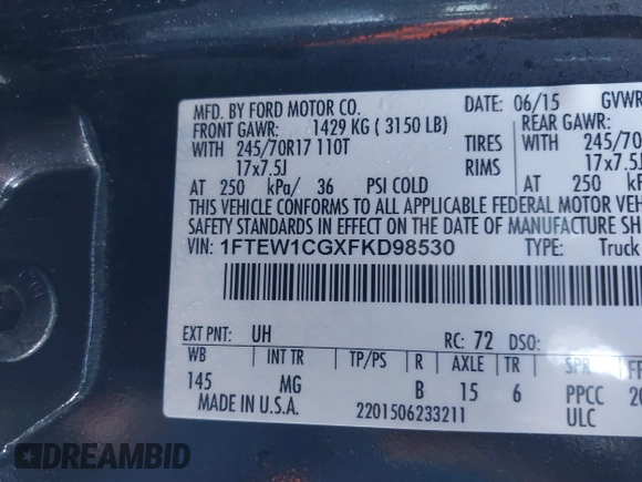 2015 Ford F-150 XL with VIN 1FTEW1CGXFKD98530, listed as a IAAI auction lot 41687753 with 104,281 mi miles. Bid and sale history available at carsss.com. Image 9.
