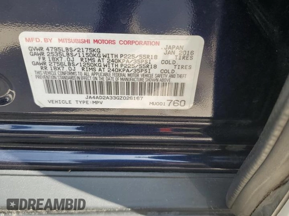 2016 Mitsubishi Outlander ES with VIN JA4AD2A33GZ026167, listed as a Copart auction lot 57802925 with 150,885 mi miles and Clean title. Bid and sale history available at DreamBid. Image 13.