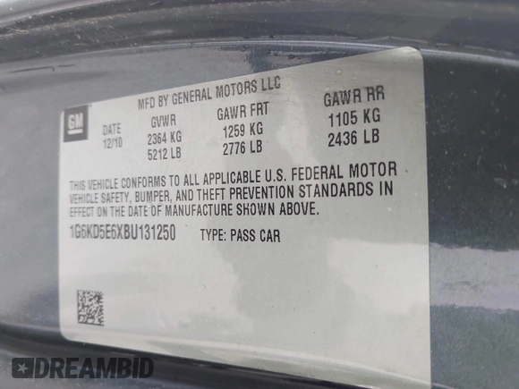 2011 Cadillac DTS Luxury Collection with VIN 1G6KD5E6XBU131250, listed as a IAAI auction lot 42204699 with 139,893 mi miles and . Bid and sale history available at DreamBid. Image 9.