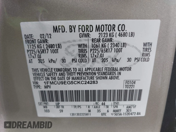 2012 Ford Escape Limited with VIN 1FMCU9EG5CKC24283, listed as a IAAI auction lot 41951067 with 134,666 mi miles. Bid and sale history available at carsss.com. Image 9.