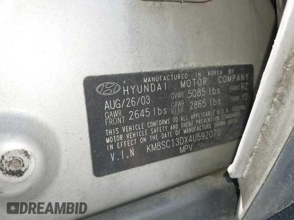 2004 Hyundai Santa Fe GLS with VIN KM8SC13DX4U592070, listed as a IAAI auction lot 42030363 with 296,823 mi miles. Bid and sale history available at carsss.com. Image 9.