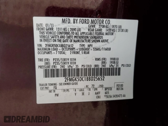 2011 Ford Flex Limited with VIN 2FMGK5DC1BBD25652, listed as a Copart auction lot 54456165 with 162,634 mi miles and Clean Title. Bid and sale history available at carsss.com. Image 13.