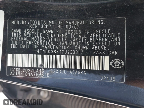 2007 Toyota Avalon XL with VIN 4T1BK36B17U233817, listed as a IAAI auction lot 41916994 with 168,923 mi miles and . Bid and sale history available at DreamBid. Image 9.