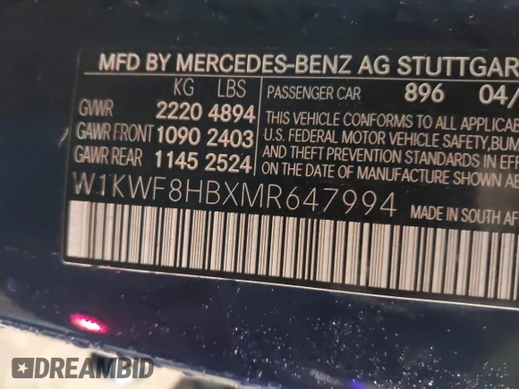 2021 Mercedes-Benz C with VIN W1KWF8HBXMR647994, listed as a IAAI auction lot 41387401 with 13,099 mi miles and . Bid and sale history available at DreamBid. Image 9.