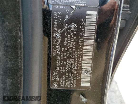 2004 BMW 5 Series 530i с VIN WBANA73594B065858, выставлен на аукционе Copart как лот 57512085 с пробегом 224 687 миль миль и Чистый • Clean title. История ставок и продаж доступна на DreamBid. Изображение 12.