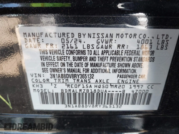 2024 Nissan Sentra SR with VIN 3N1AB8DV8RY365132, listed as a IAAI auction lot 42220944 with 21,503 mi miles and . Bid and sale history available at DreamBid. Image 9.