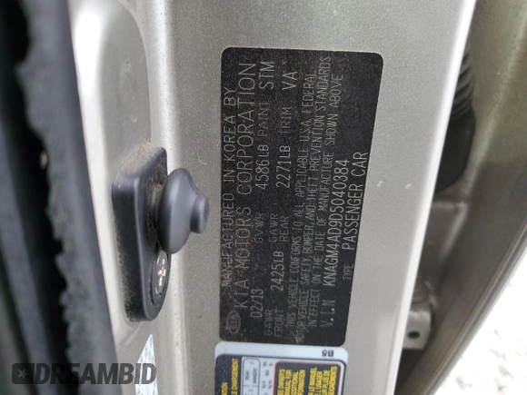 2013 Kia Optima Hybrid LX with VIN KNAGM4AD9D5040384, listed as a Copart auction lot 76238824 with 187,281 mi miles and Salvage Title. Bid and sale history available at carsss.com. Image 12.