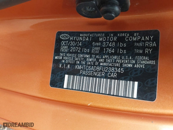2015 Hyundai Veloster RE:FLEX with VIN KMHTC6AD8FU238345, listed as a IAAI auction lot 41549377 with 117,240 mi miles. Bid and sale history available at carsss.com. Image 9.