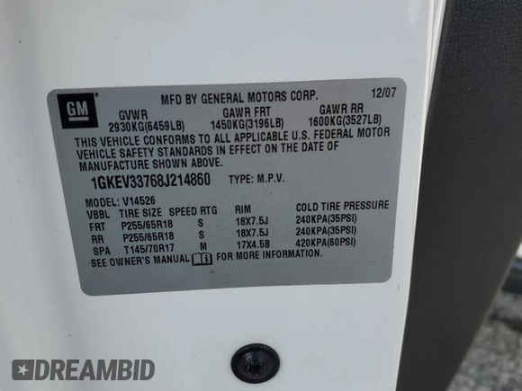 2008 GMC Acadia SLT2 with VIN 1GKEV33768J214860, listed as a Copart auction lot 55903645 with 153,571 mi miles and Salvage title. Bid and sale history available at DreamBid. Image 12.