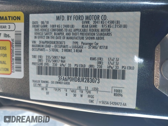 2018 Ford Fusion SE with VIN 3FA6P0HD8JR283073, listed as a IAAI auction lot 41823858 with 61,290 mi miles. Bid and sale history available at carsss.com. Image 9.