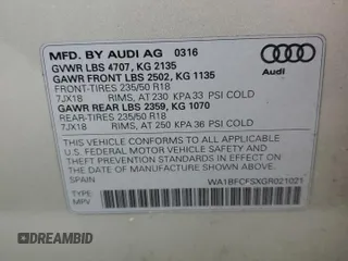 2016 Audi Q3 Premium Plus z VIN WA1BFCFSXGR021021, wystawiony jako Copart lot #54739915 z przebiegiem 125 602 mil mil oraz Szkoda całkowita • Salvage title. Historia ofert i sprzedaży dostępna na DreamBid. Obrazek 14.