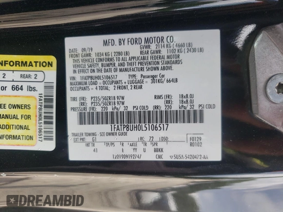 2020 Ford Mustang EcoBoost with VIN 1FATP8UH0L5106517, listed as a Copart auction lot 60517665 with 97,877 mi miles and Salvage title. Bid and sale history available at DreamBid. Image 12.