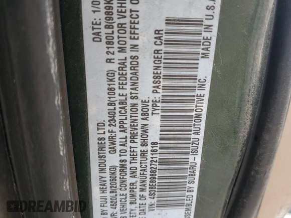 2002 Subaru Legacy Outback with VIN 4S3BE896827211618, listed as a Copart auction lot 45016485 with 158,059 mi miles and Salvage title. Bid and sale history available at DreamBid. Image 12.